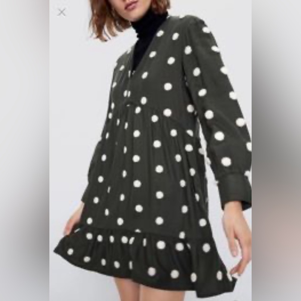 ZARA olive green ruffled long sleeve polka dot dress | L
